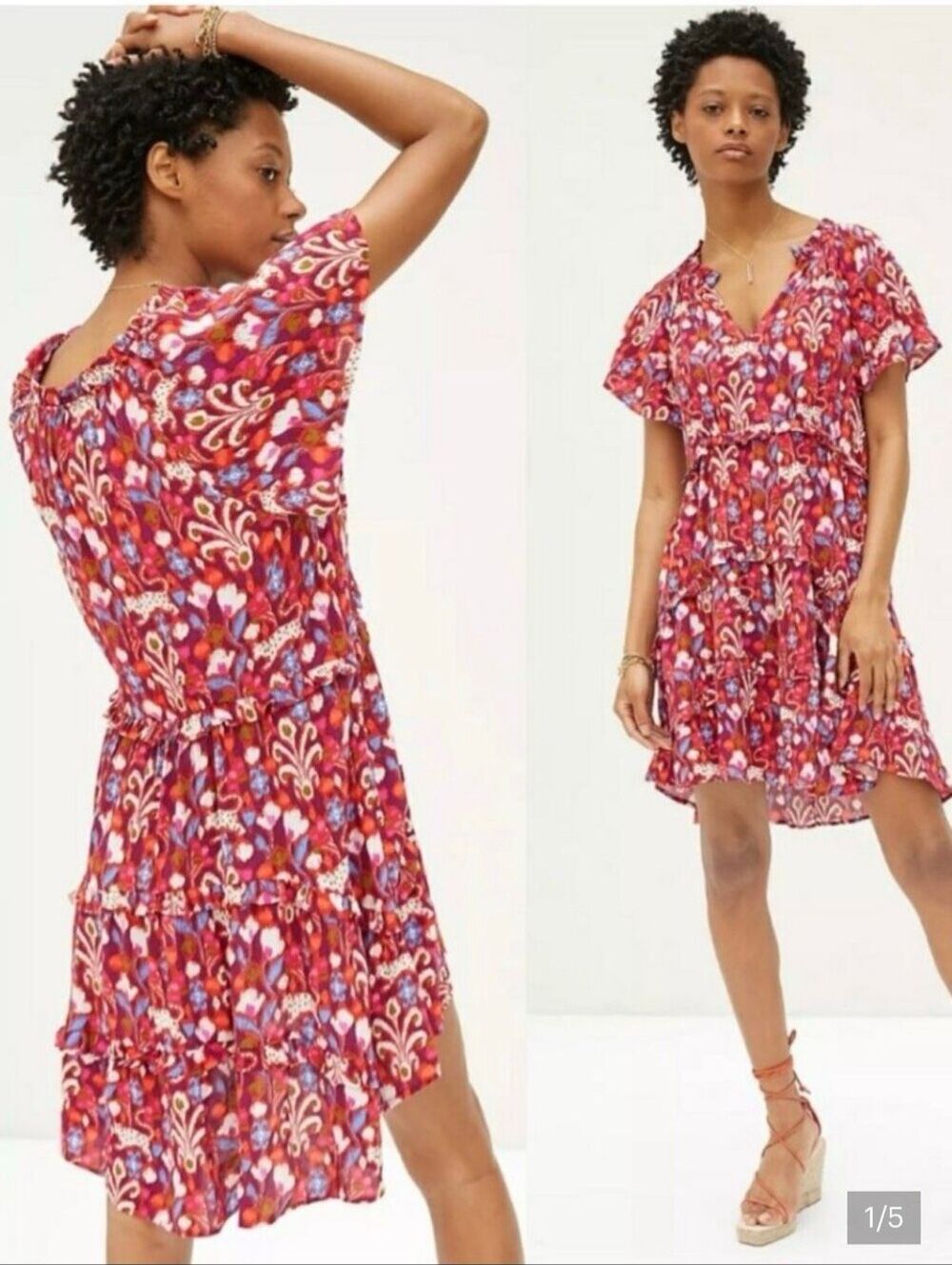 Anthropologie Red Pink Robin Floral Ruffle Tiered V-Neck Mini Dress Size XS